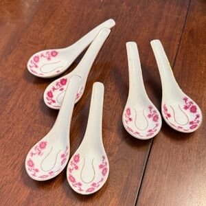 Vintage Purple Floral Chinese Ceramic Soup Spoons Qty: 6